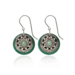 Silver Forest Green Stone And Silver-Tone Metal Flower Layered Drop Earrings