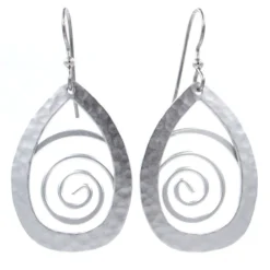 Hammered Silver Teardrop With Coil Metal Drop Earrings