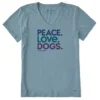 Life Is Good Peace Love Dogs Women's Blue-Gray V-Neck Tee, Medium