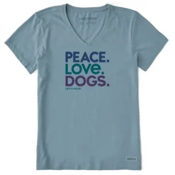 Life Is Good Peace Love Dogs Women's Blue-Gray V-Neck Tee, Medium