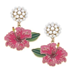 Pearl Cluster And Pink Hibiscus Drop Earrings