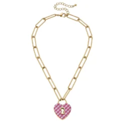 Monclér Pink And White Gingham Heart Padlock Necklace
