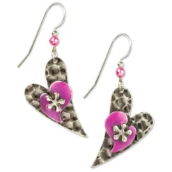 Silver And Pink Hearts Layered Metal Drop Earrings
